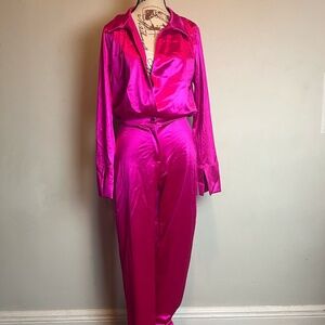 Hot Pink Satin Two-Piece Set with Long Sleeves and Pants